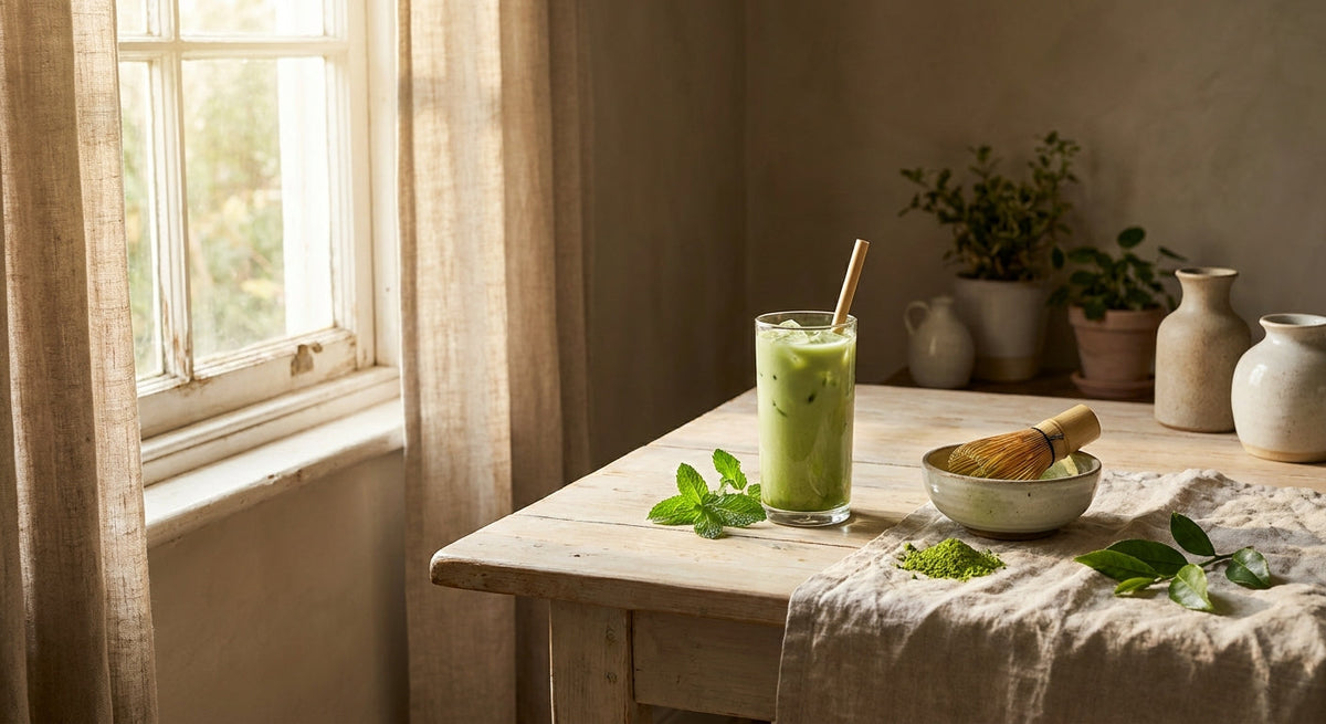 Παγωμένο matcha με μπαμπού αναδευτήρα και ζωηρή πράσινη σκόνη