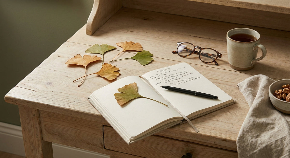 Φύλλα ginkgo biloba σε σχήμα βεντάλιας, ένα σημειωματάριο και γυαλιά σε φωτεινό γραφείο