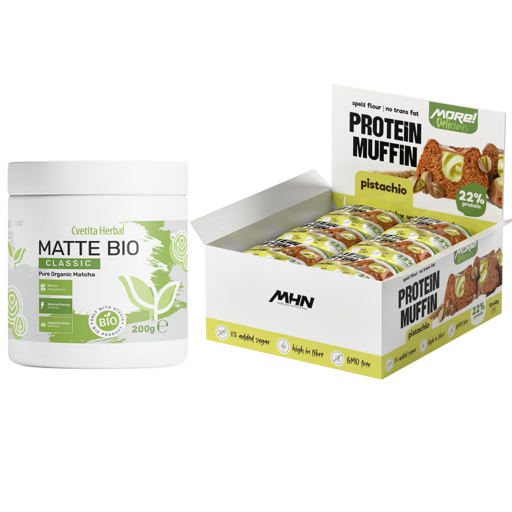 Matte Bio (BIO MATCHA LATTE) + Κουτί πρωτεϊνικά μάφιν με γεύση φιστίκι MHN