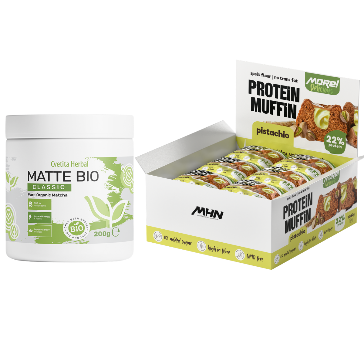 Matte Bio (BIO MATCHA LATTE) + Κουτί πρωτεϊνικά μάφιν με γεύση φιστίκι MHN