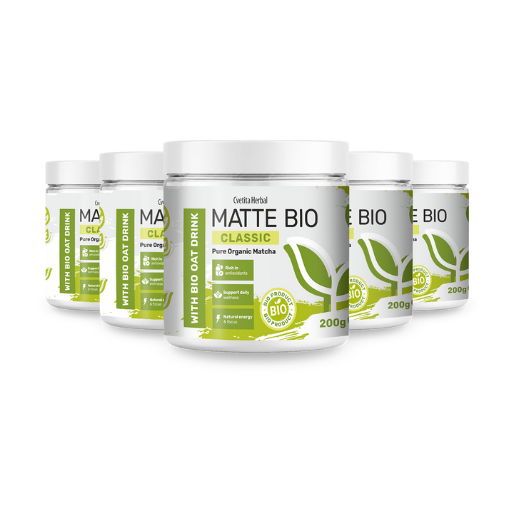 Matte Bio Classic 3+2 - πακέτο με πέντε βάζα βιολογικό matcha των 200 g