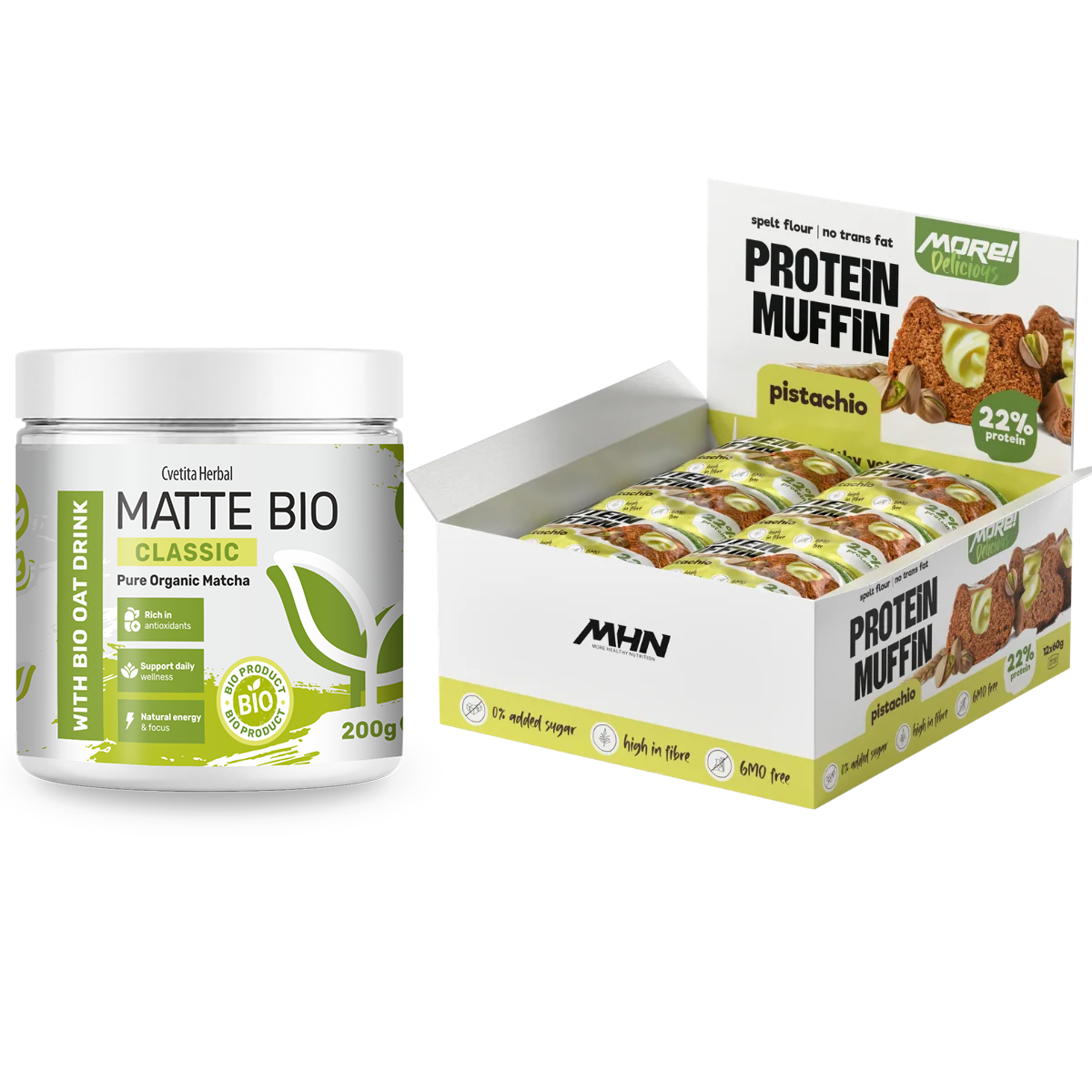 Matte Bio Classic και πρωτεϊνικά muffin φιστικιού MHN - πακέτο combo