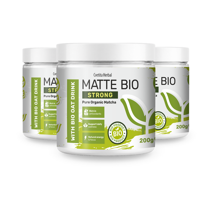 Matte Bio Strong 2+1 - πακέτο με τρία βάζα βιολογικό matcha των 200 g